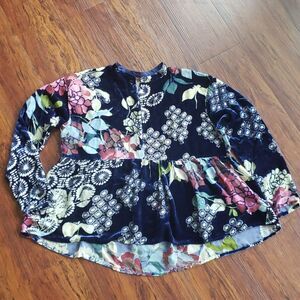 Johnny Was Blue Floral Sierra Burnout Velvet Silk Darlyn Boho Blouse Size XXS